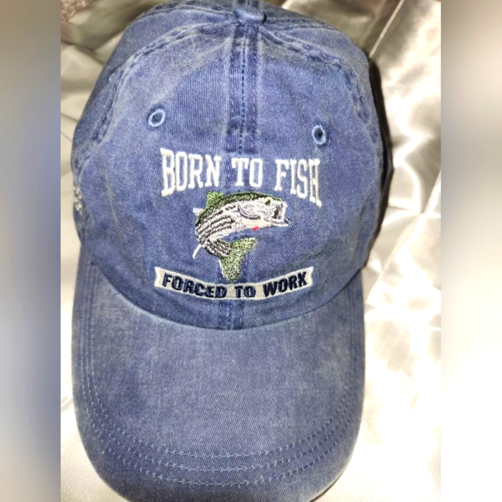 Born To Fish Forced To Work Hat Cap Montauk New York Distressed Blue